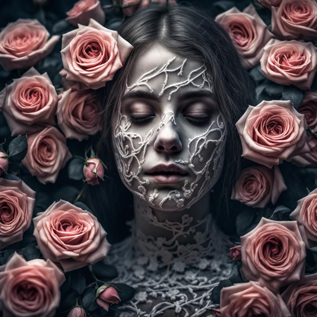 Ghostly Girl Covered in Roses: Hyperrealistic Image
