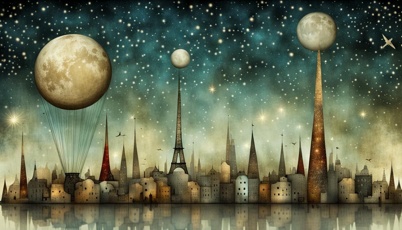 Futuristic City Under Starry Sky in Collage Art Style
