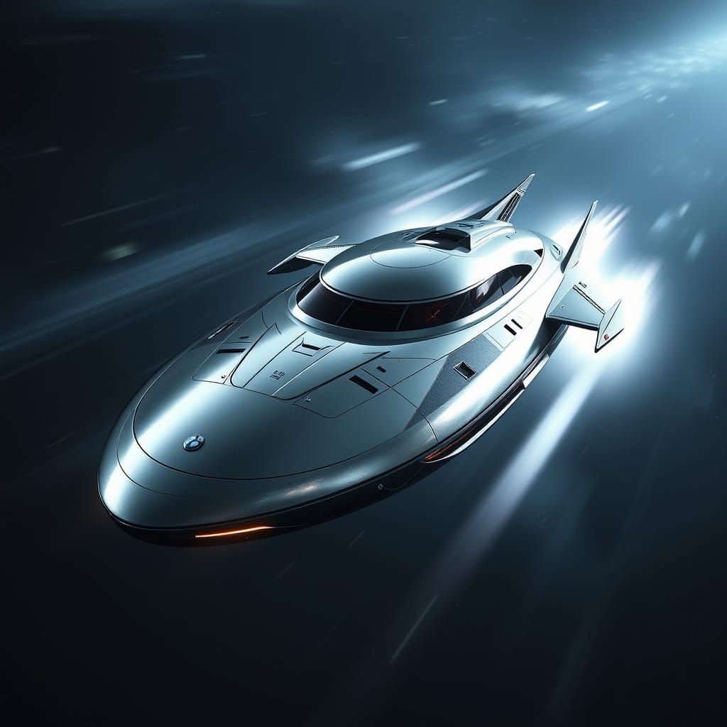 Sleek Futuristic Space Yacht in Metallic Cylindrical Rotatio...