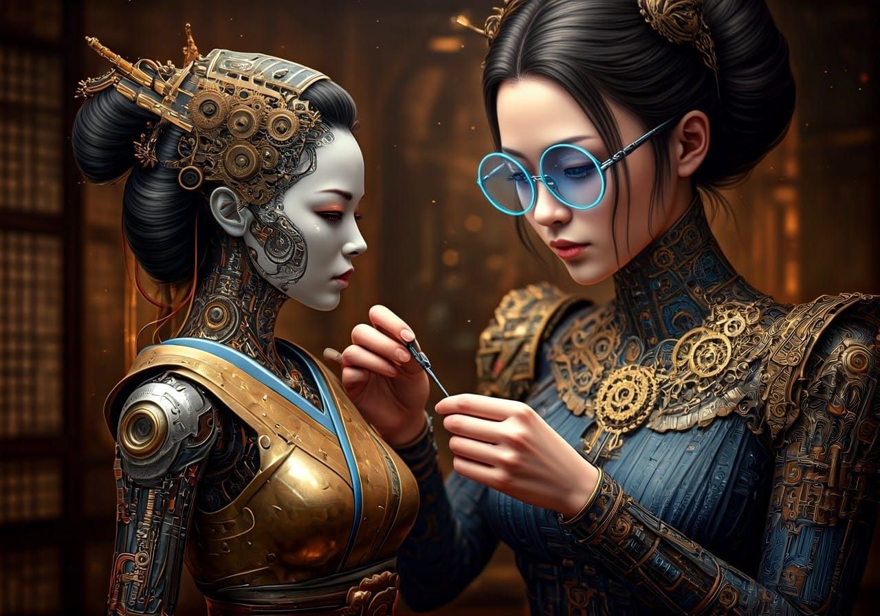 Steampunk AI Creation: Woman Crafts Mechanical Girl