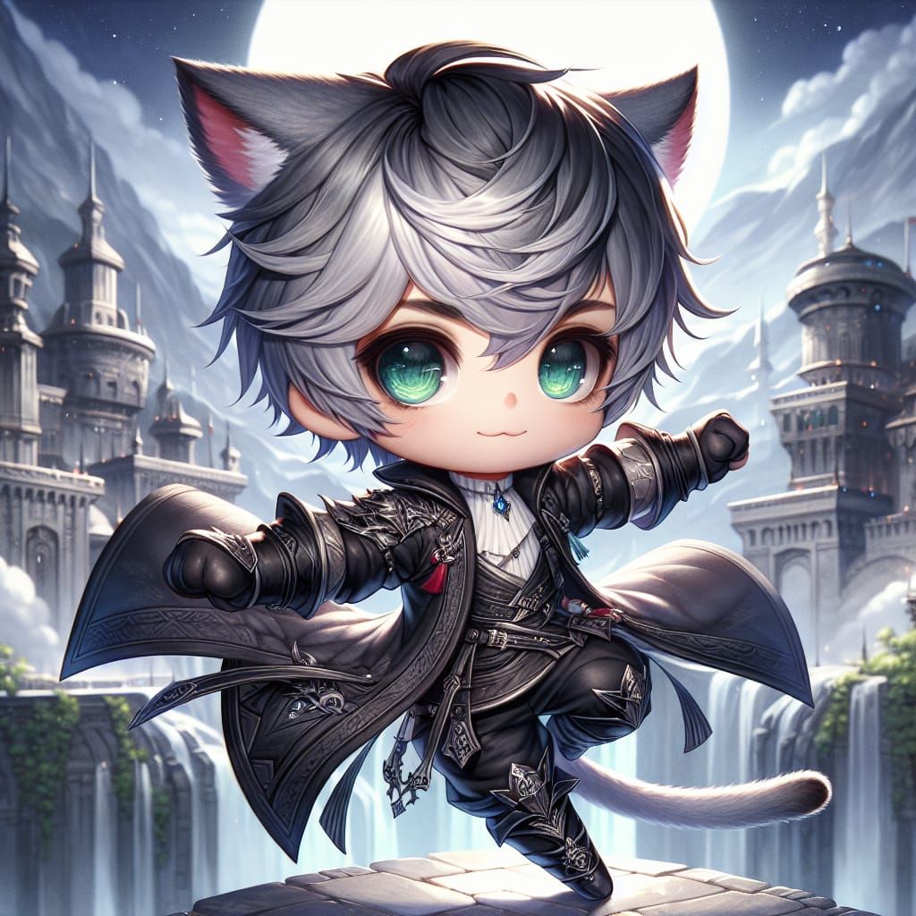 Chibi Cat-Person Rogue Flexing on Castle During Siege