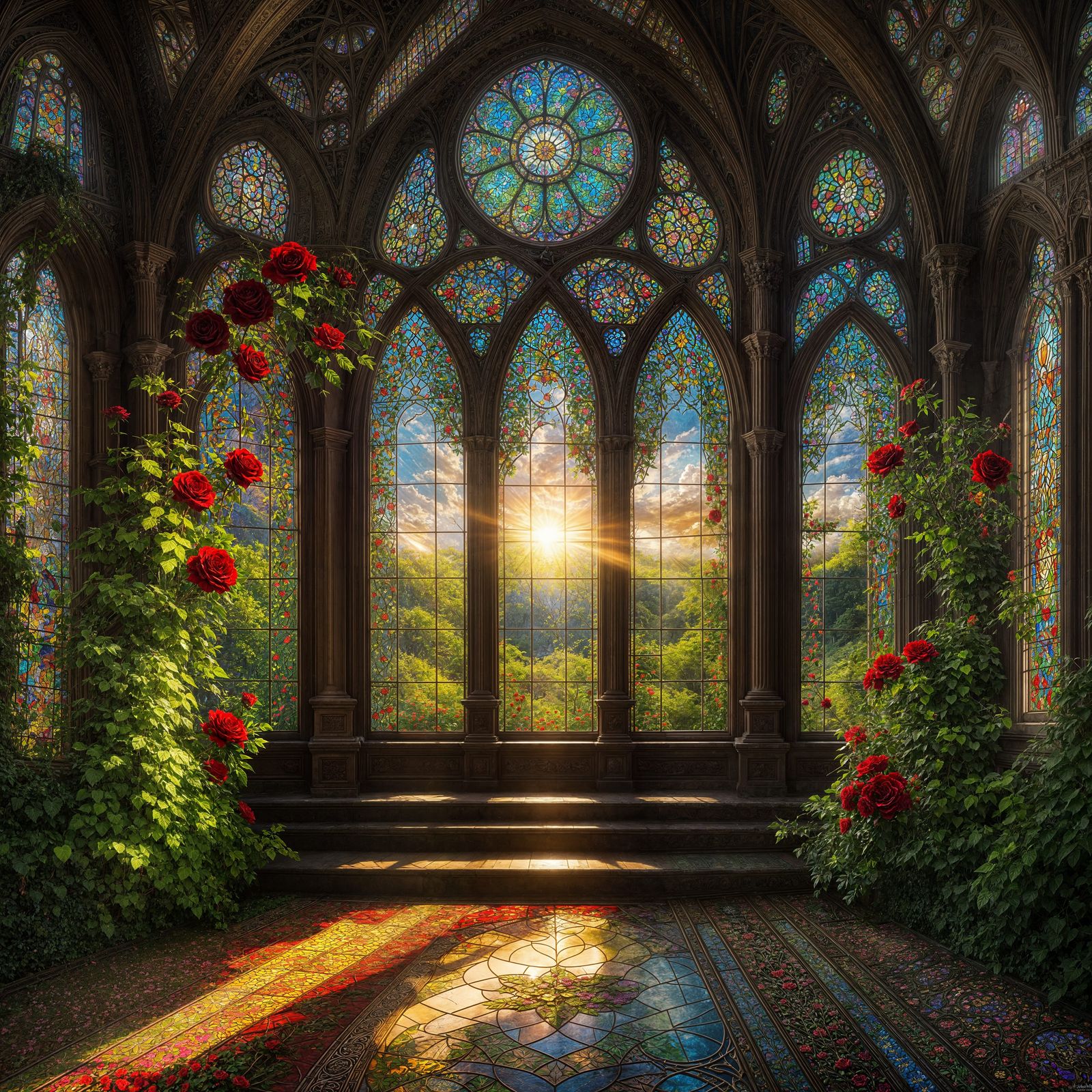 Detailed Stained Glass Window with Floral Castle