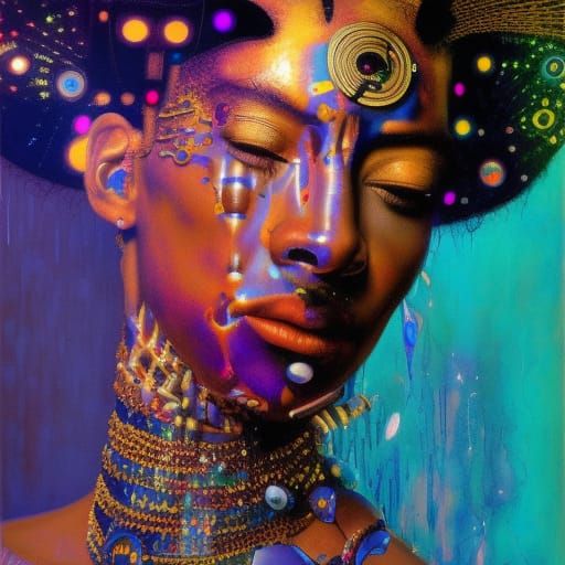Ethereal Cyberpunk Deity Portrait with Golden Waterfall