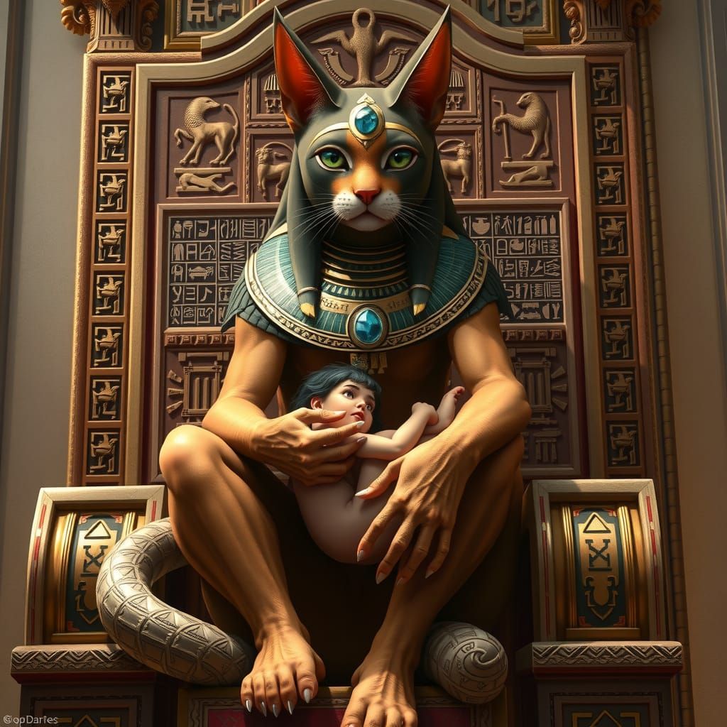 Egyptian Cat Goddess Sits Majestically on Ancient Throne