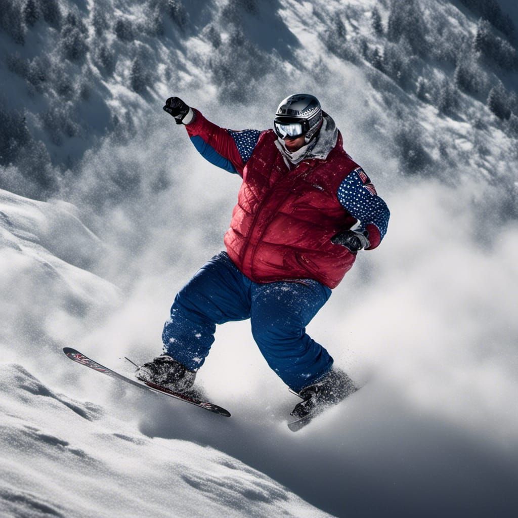 A wide lens sport action shot of a stereotypical morbidly obese american wearing stars and stripes clothes, skiing and p...