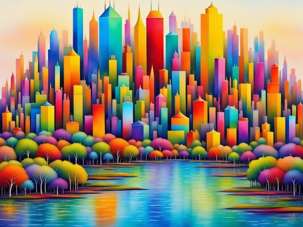 Whimsical River City with Abstract Buildings