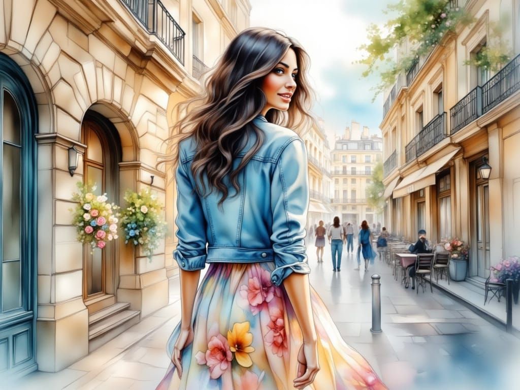 Parisian Woman in Floral Dress, Watercolor Style
