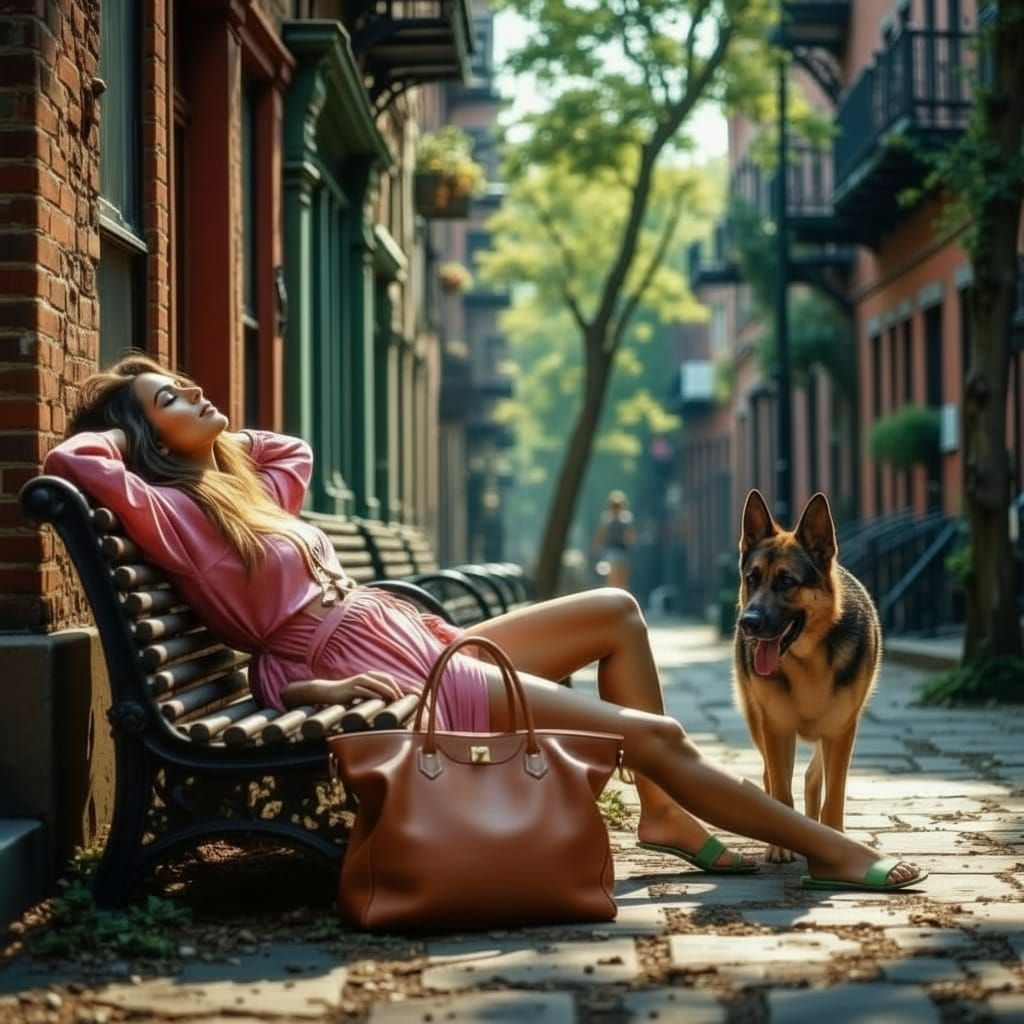 NYC Alley Scene: Woman on Bench, Shocked Couple