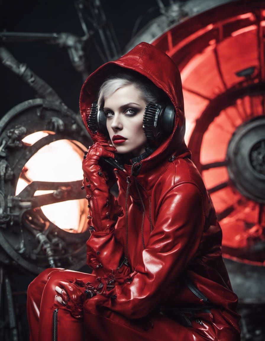 Cyberpunk Fashion: Woman in Red Latex Hoodie