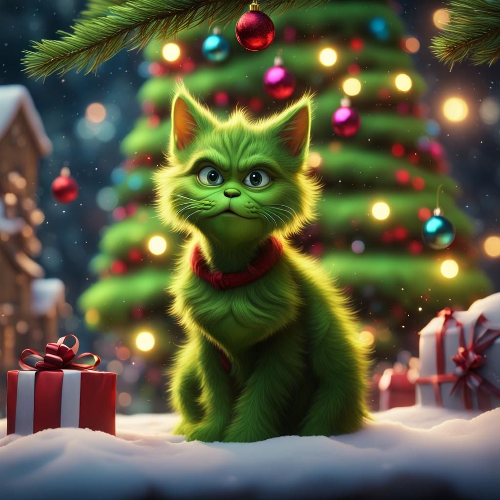 Grinch Kitten by Christmas Tree: Fantasy Concept Art