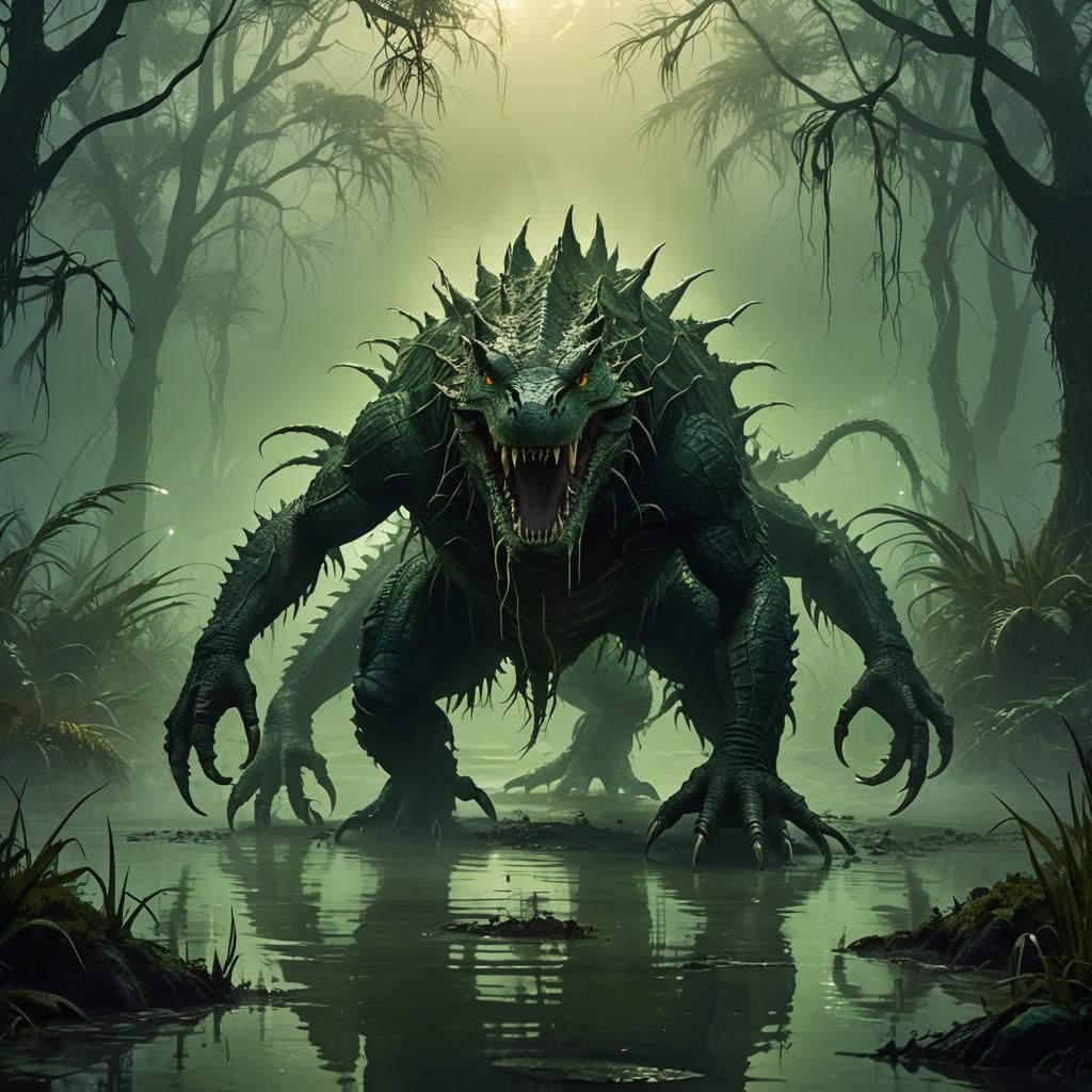 Eerie Crocodile-Spider Hybrid in Misty Swamp