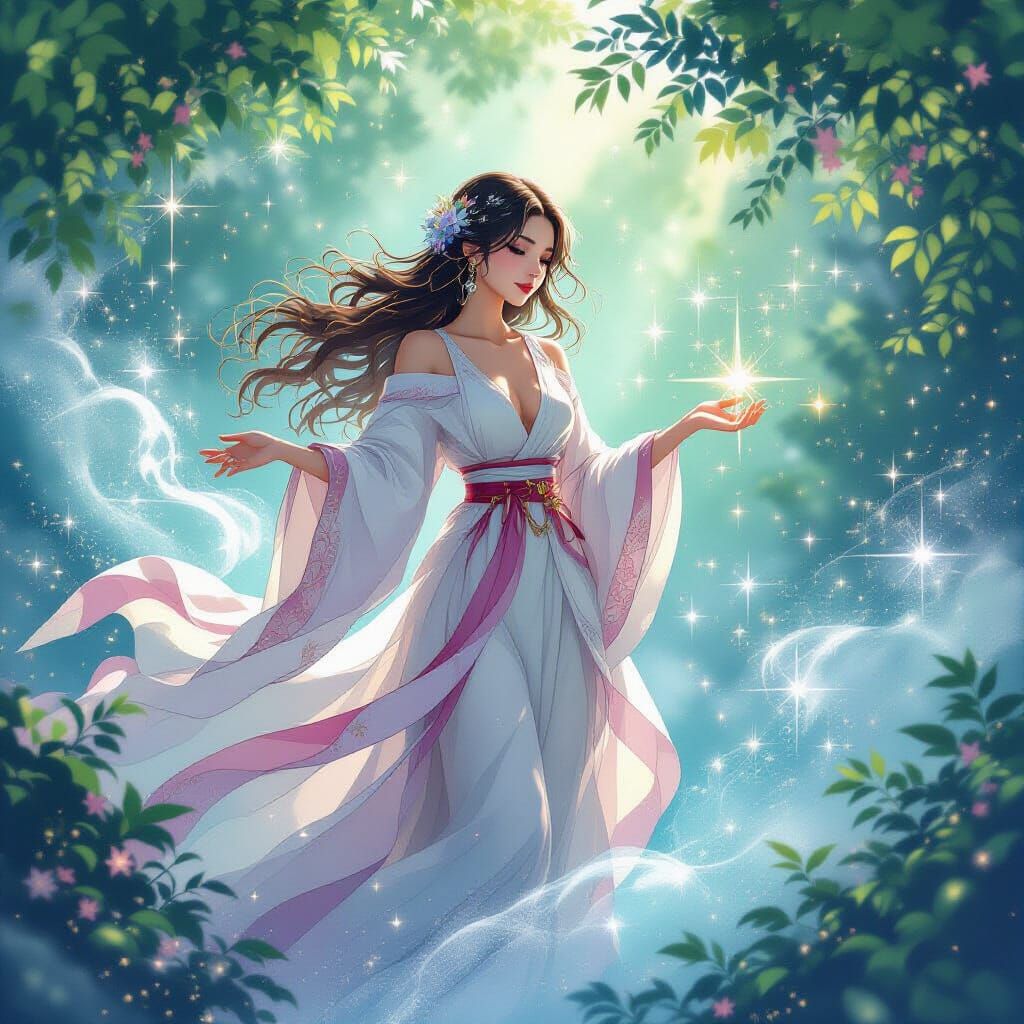 Ethereal Woman Surrounded by Stars and Mist