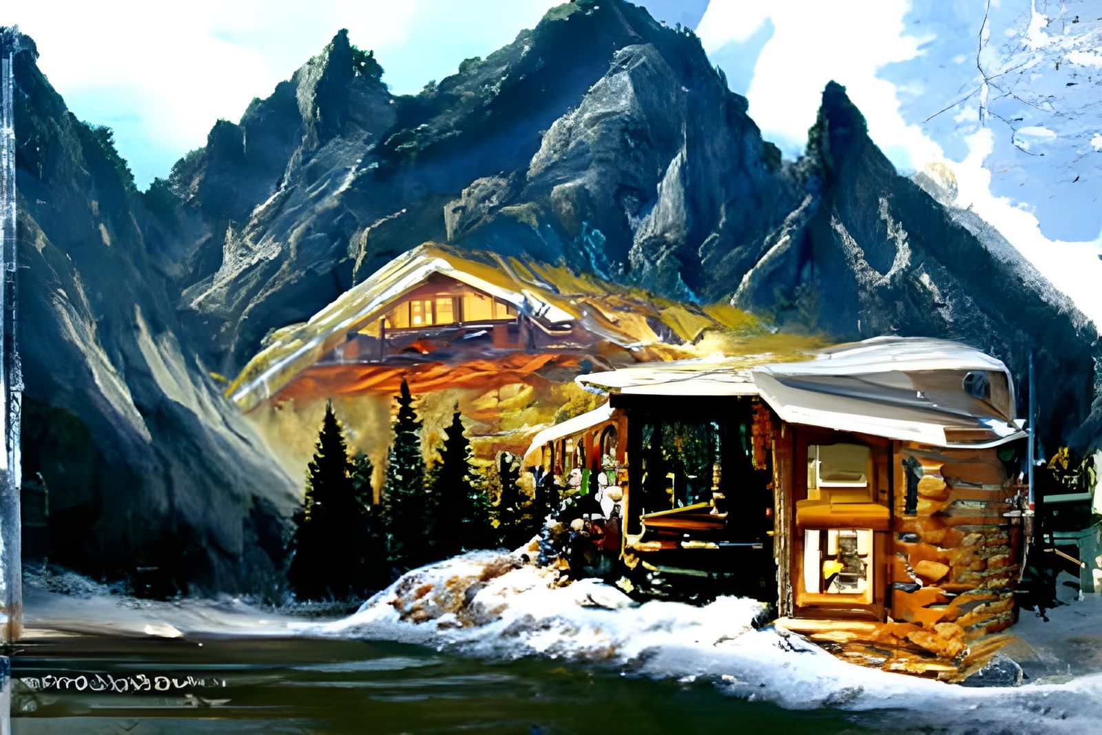 Cabin in Snowy Mountains: Oil Painting Landscape