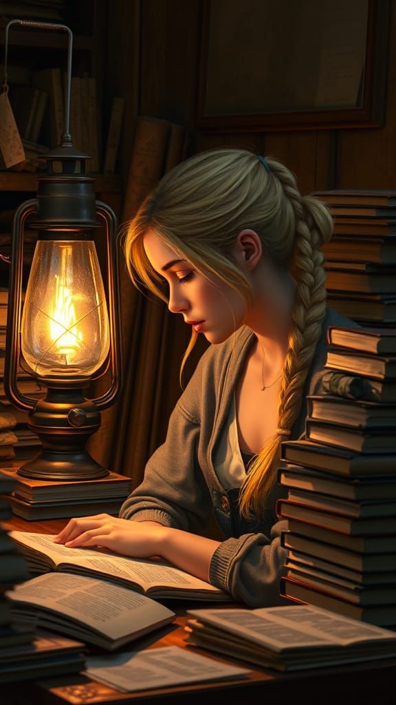 Young Woman Studying by Gas Lamp in Cozy Setting