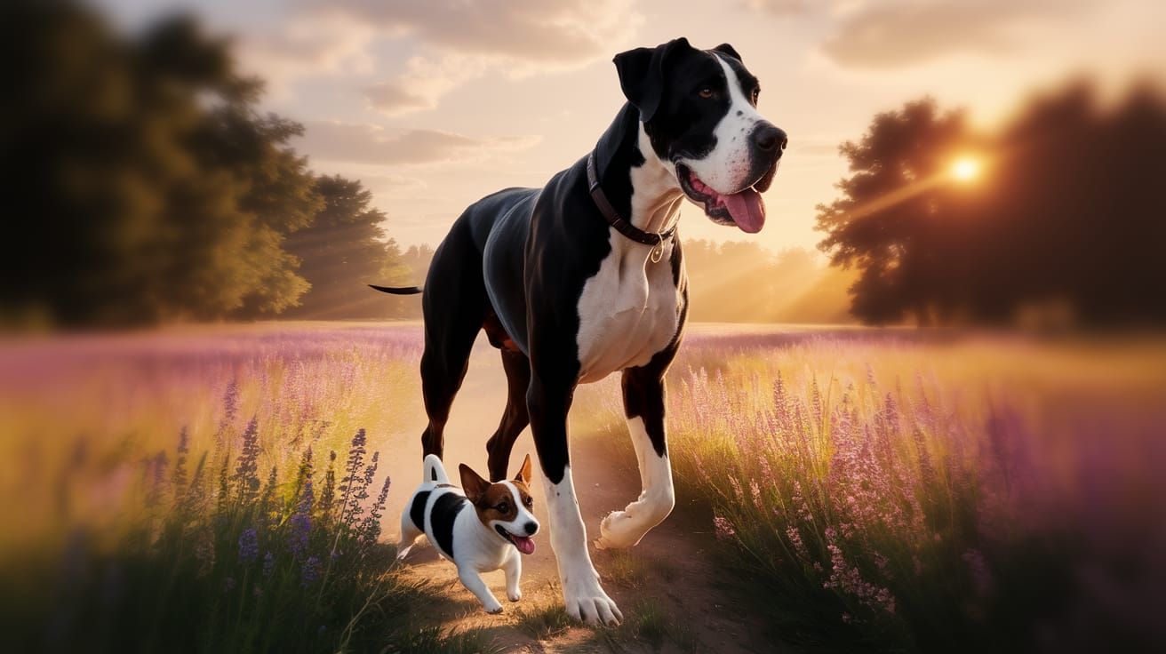 Great Dane and Jack Russell in Wildflower Field