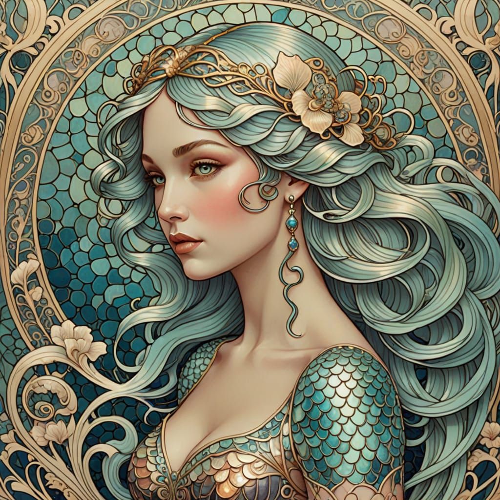 Neural Network Mermaid in Art Nouveau Style