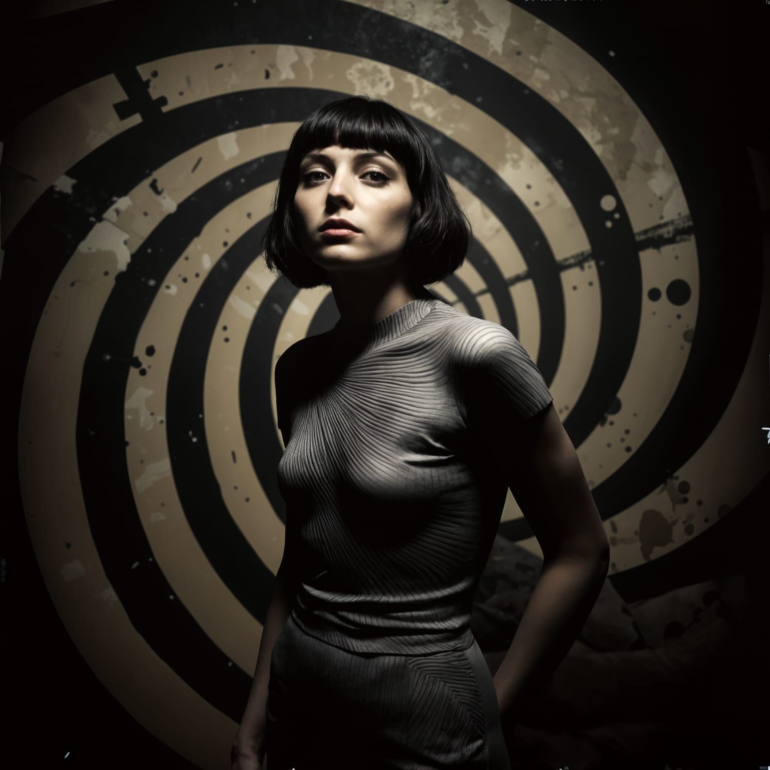 <lora:CorvidiconFlux:1.0> Black-haired bob-cut Mila Jovovich...