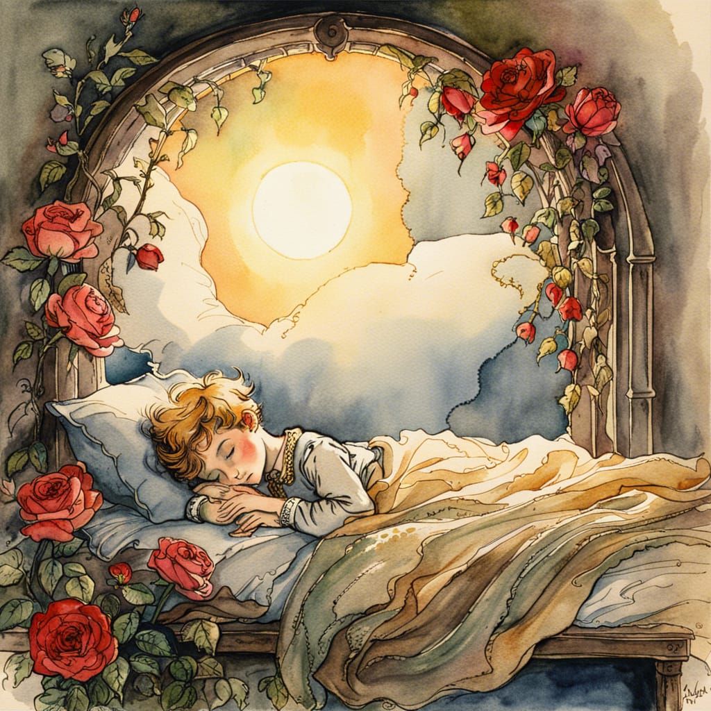 Fairytale Prince Asleep in Sunlit Rose Window