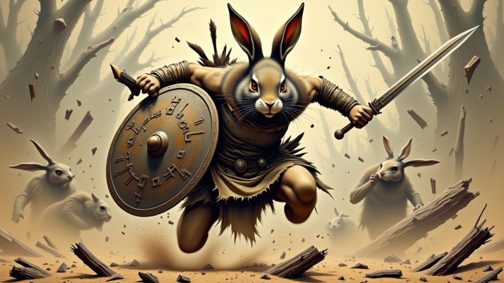 Majestic Rabbit Warrior Charging into Battle with Fierce Bat...