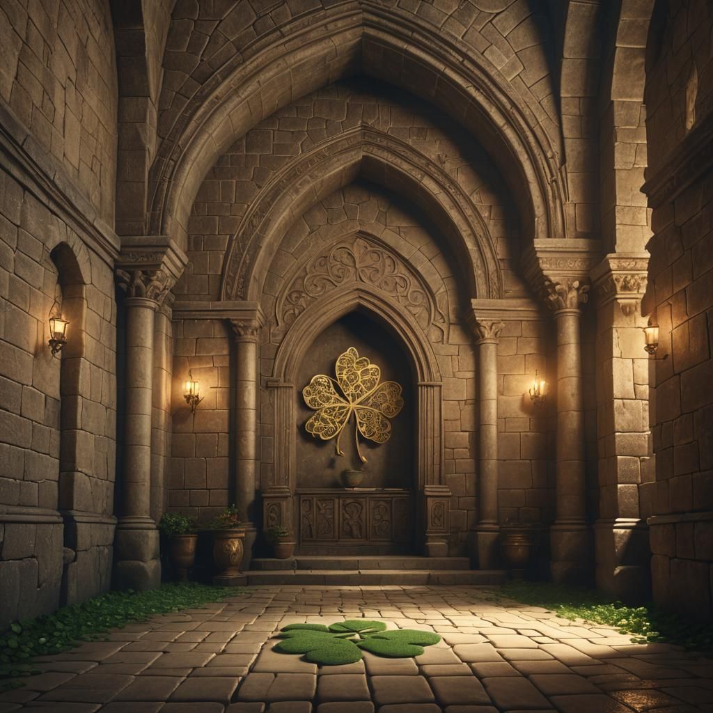 Mystical Clover Shines in Castle Hall: Digital Art