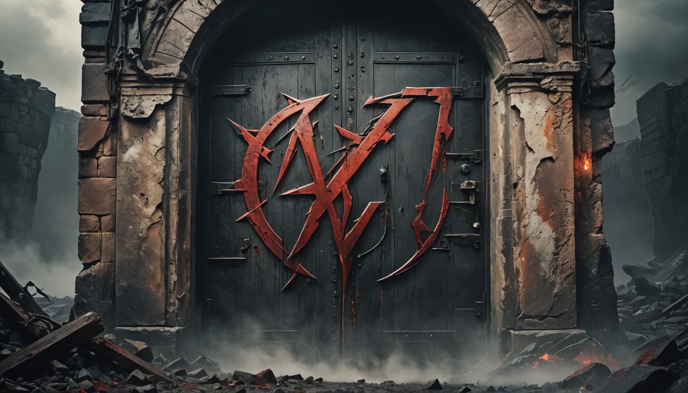 Metallica Logo on Ancient Door in Dark Fantasy Style