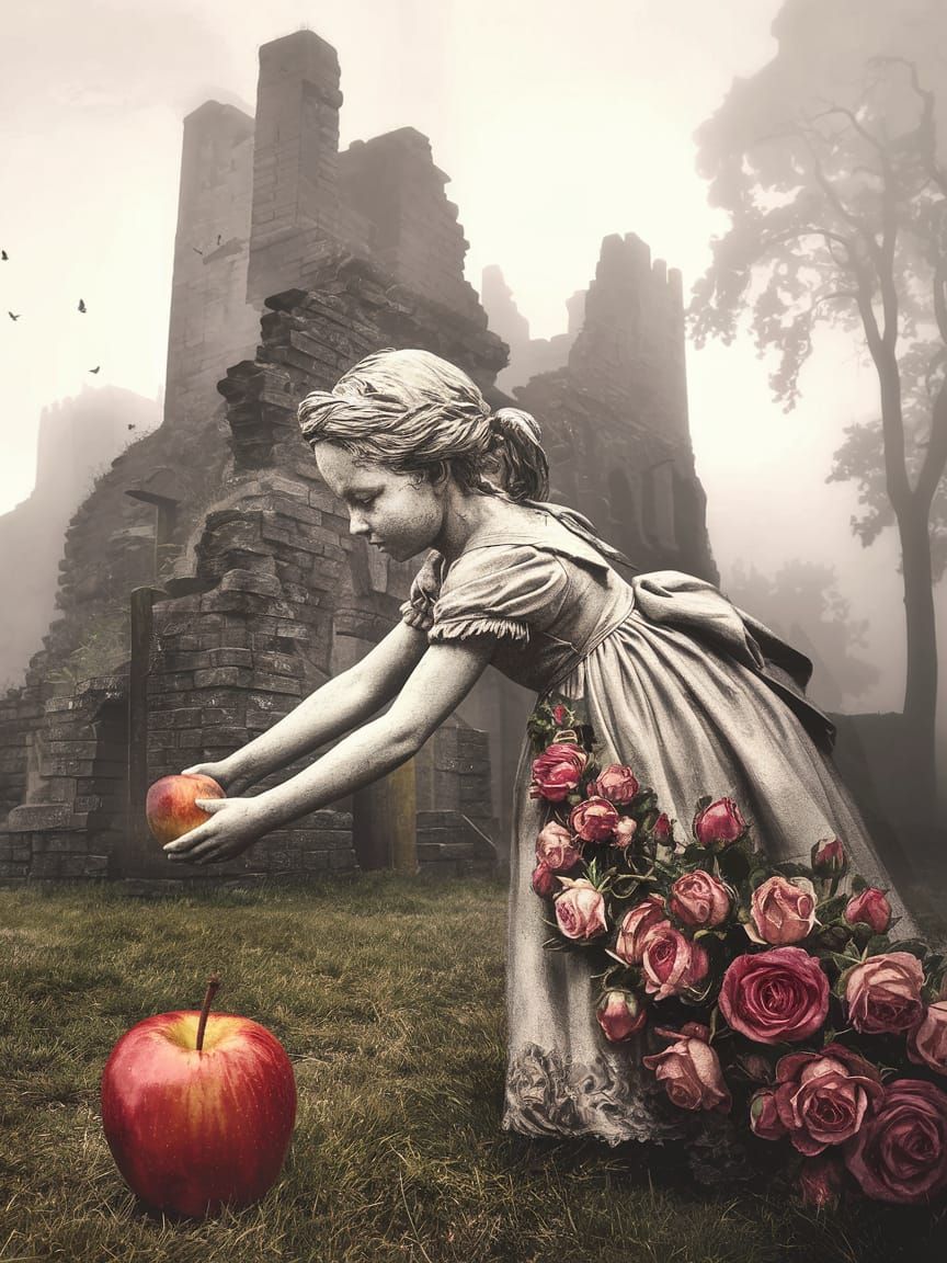 Fantasy Statue Reaching for Apple in Ruins