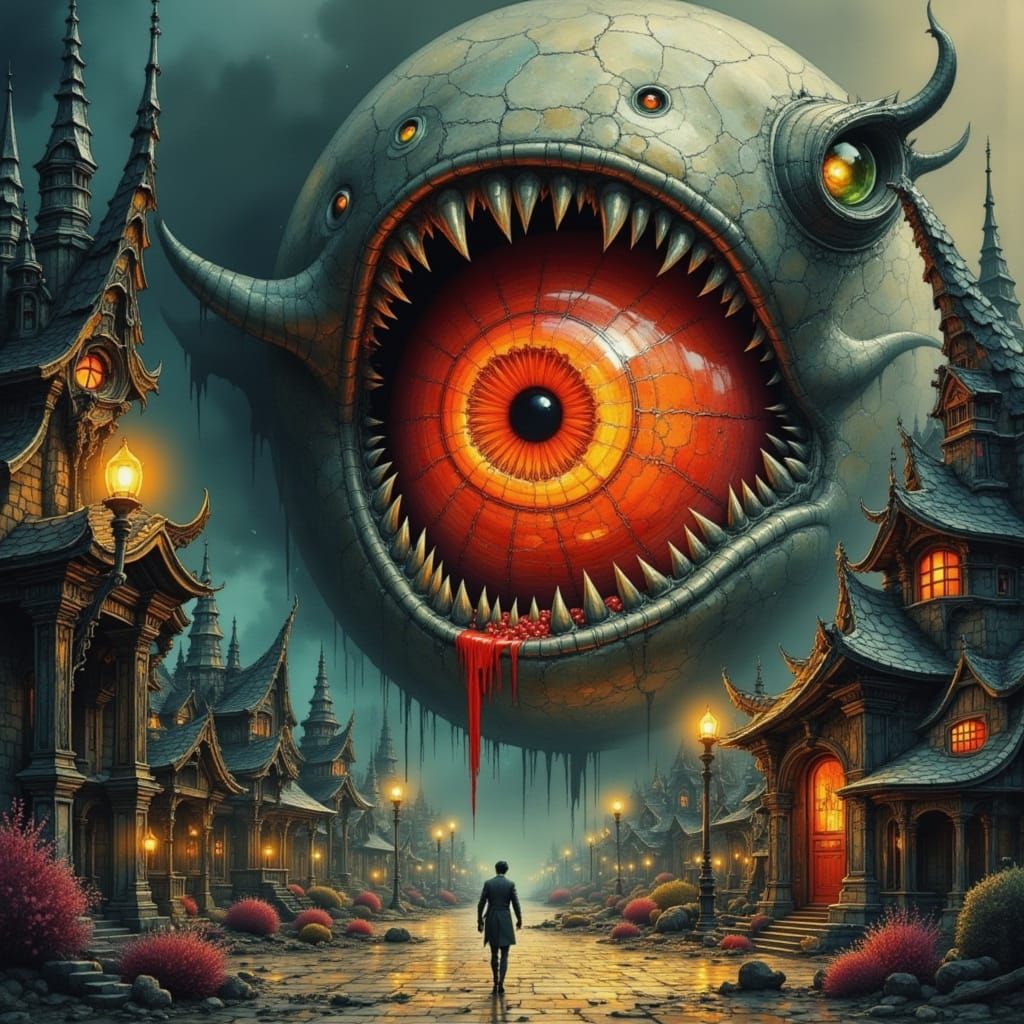 Visceral Biomechanical Eyeball Monster in Dystopian Landscap...
