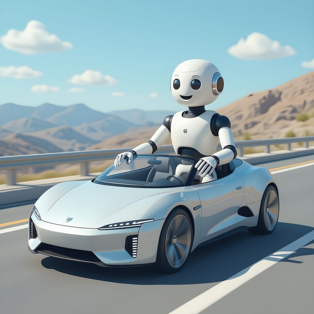 Friendly Robot Drives Luxury Car with Abstract Guide
