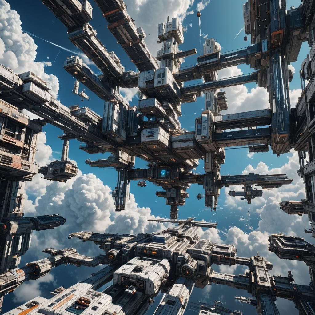 Fantastical Space Station with Blue Sky Backdrop