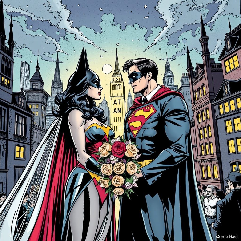 Batman and SuperWoman's Epic Wedding in Comic Book Style