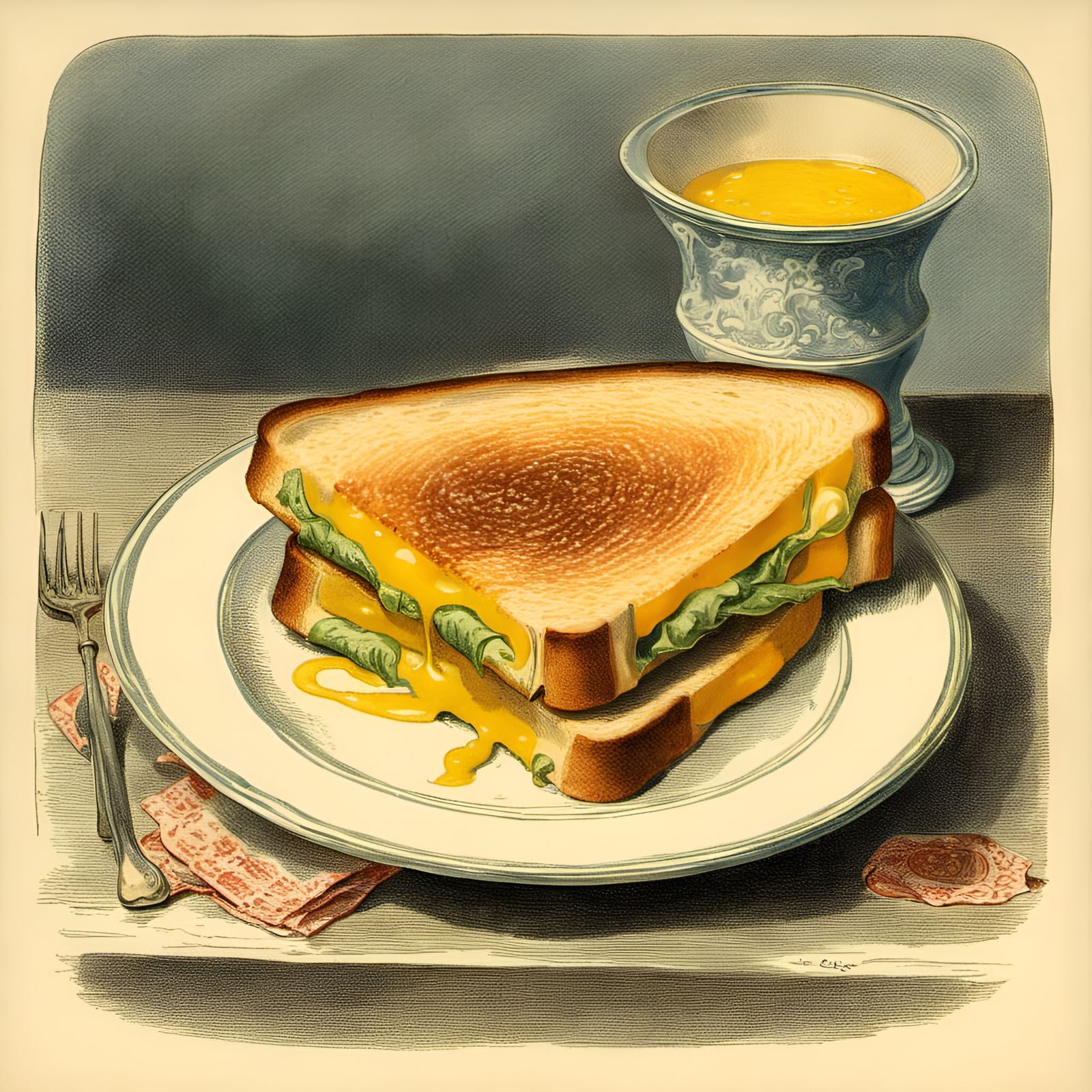 Grilled Cheese Sandwich in Vintage Illustration Style