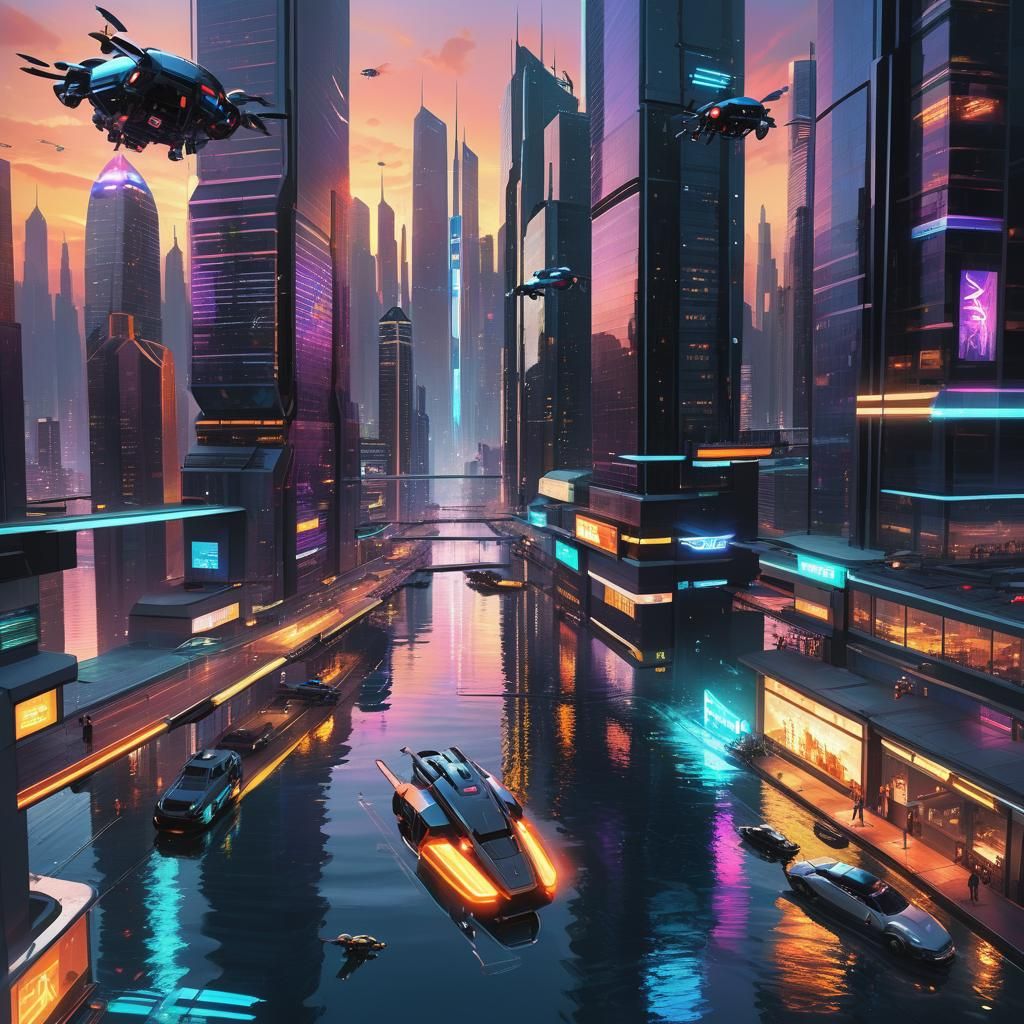 Futuristic Cityscape at Sunset in Cyberpunk Style