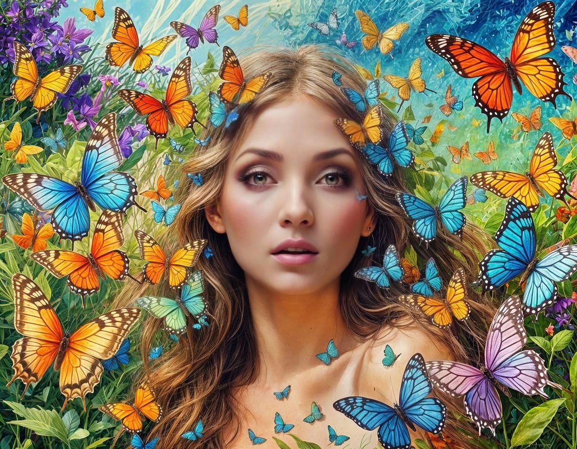 Nymph Surrounded by Colorful Butterflies in HD