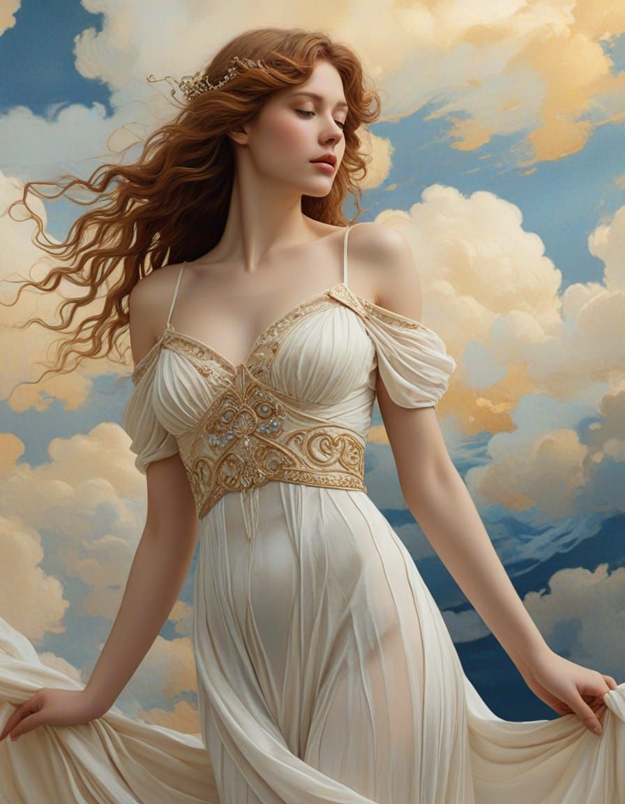 Serene Woman in Dreamy Clouds, Surrealist Art Nouveau Style