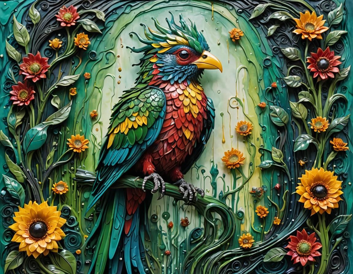 Encaustic Quetzal God of Rebirth in Comic Style