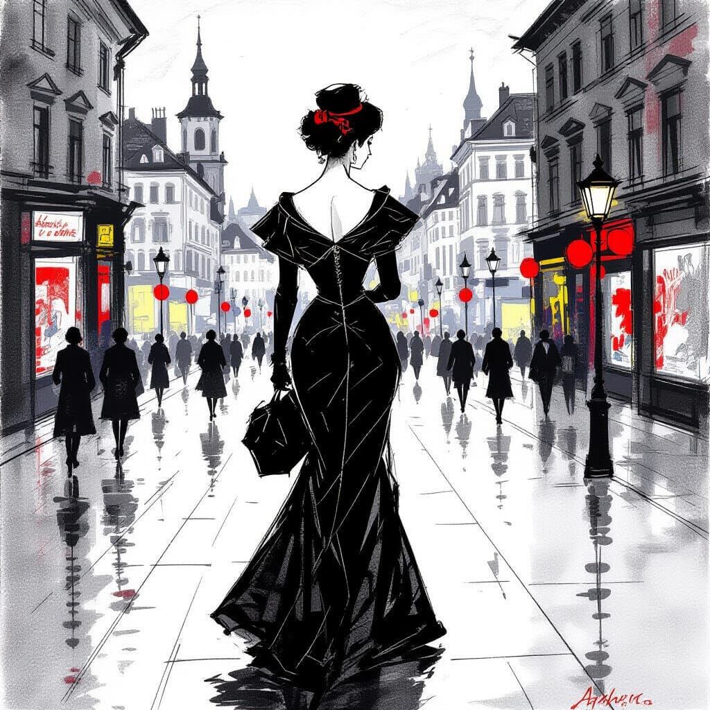Elegant Woman in City, Expressive Black and White Sketch