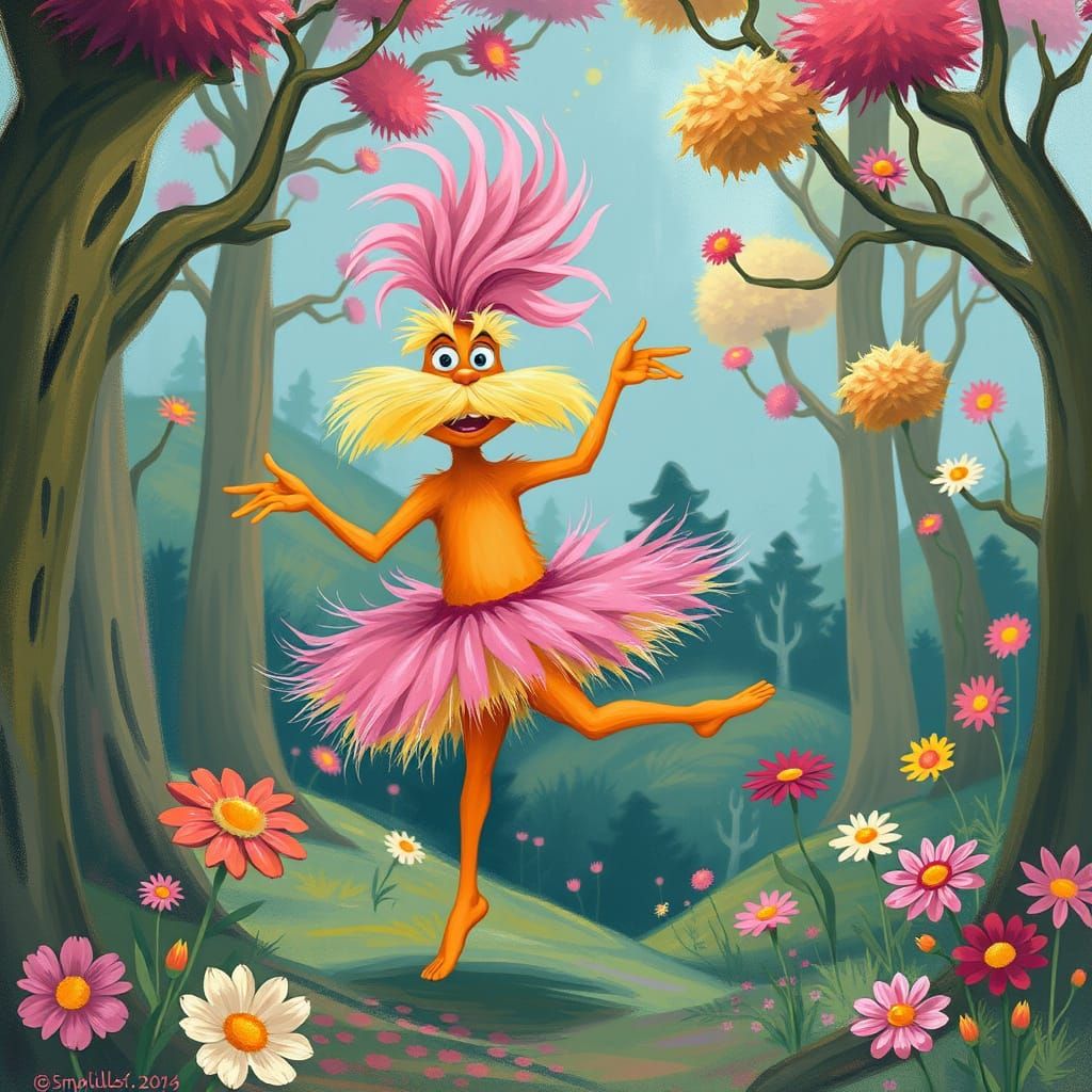 The Lorax in a Whimsical Tutu, Leaping with Joy