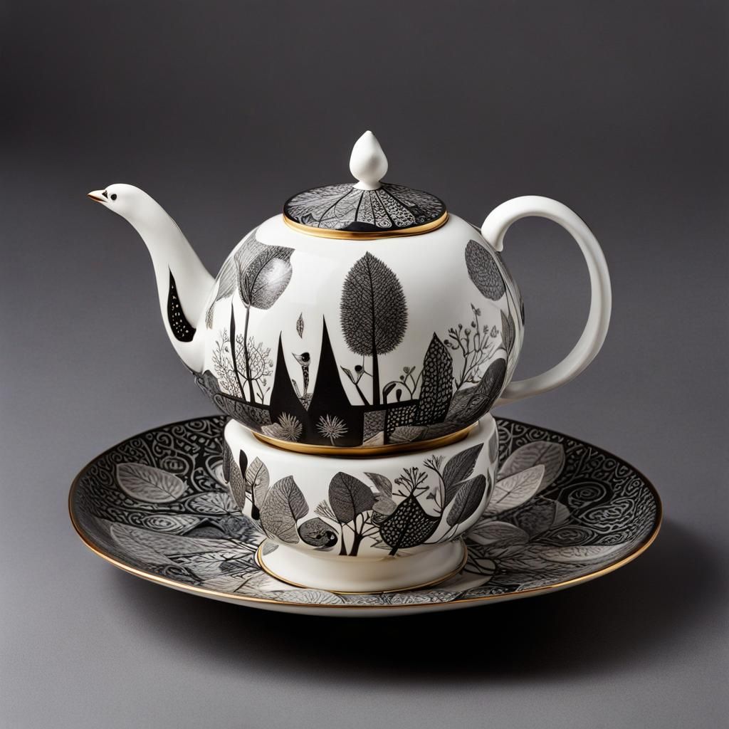 Surreal Tea Set in Grayscale Photogram Style
