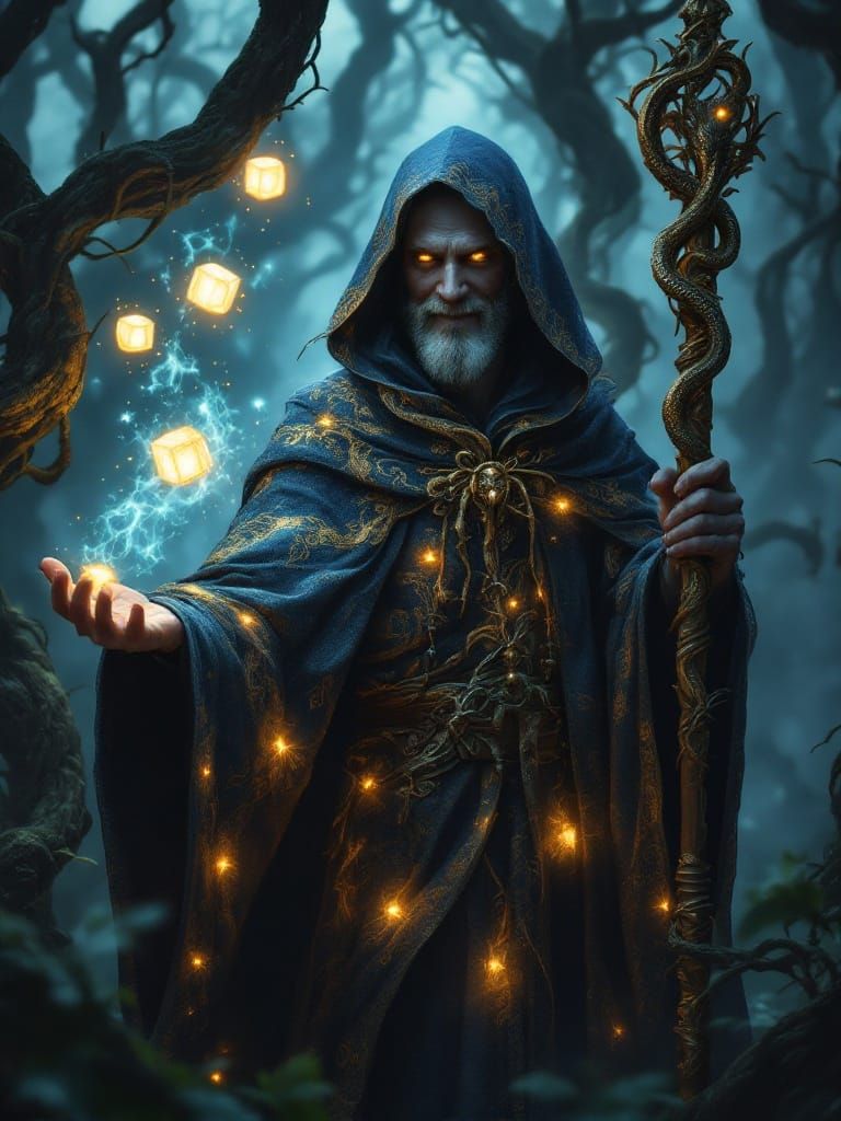 Mystical Wizard in Swamp, Ethereal Magic Cubes, Snake Staff
