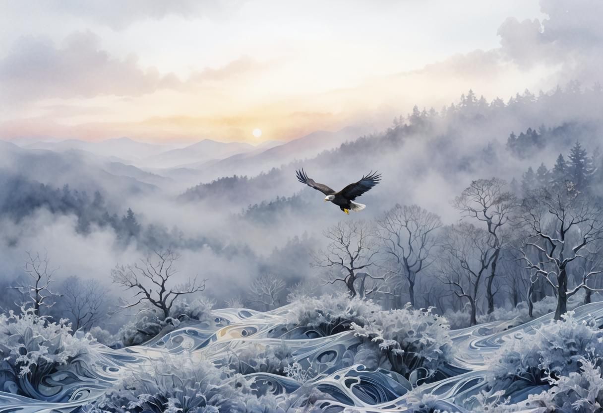 Eagle in Fog: Abstract Watercolor Landscape