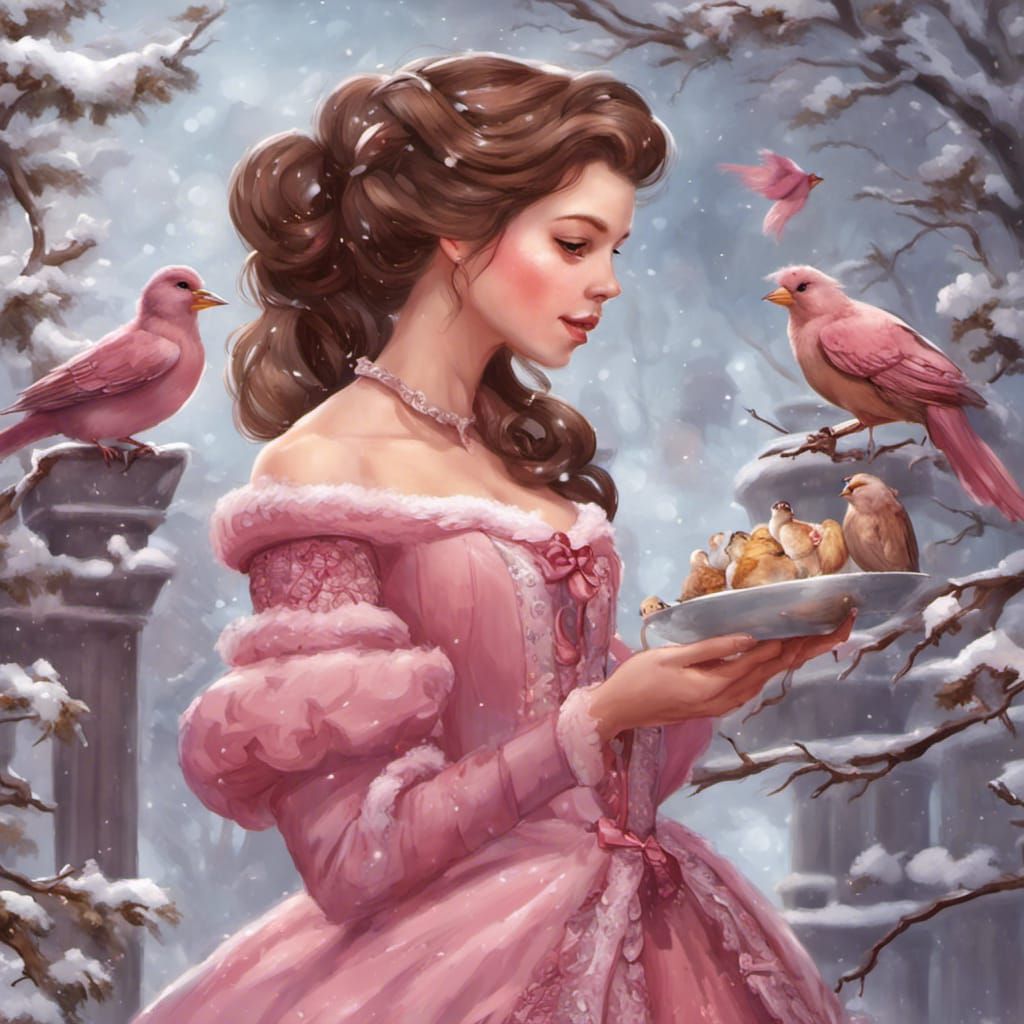 Rococo Princess Feeding Birds in Winter