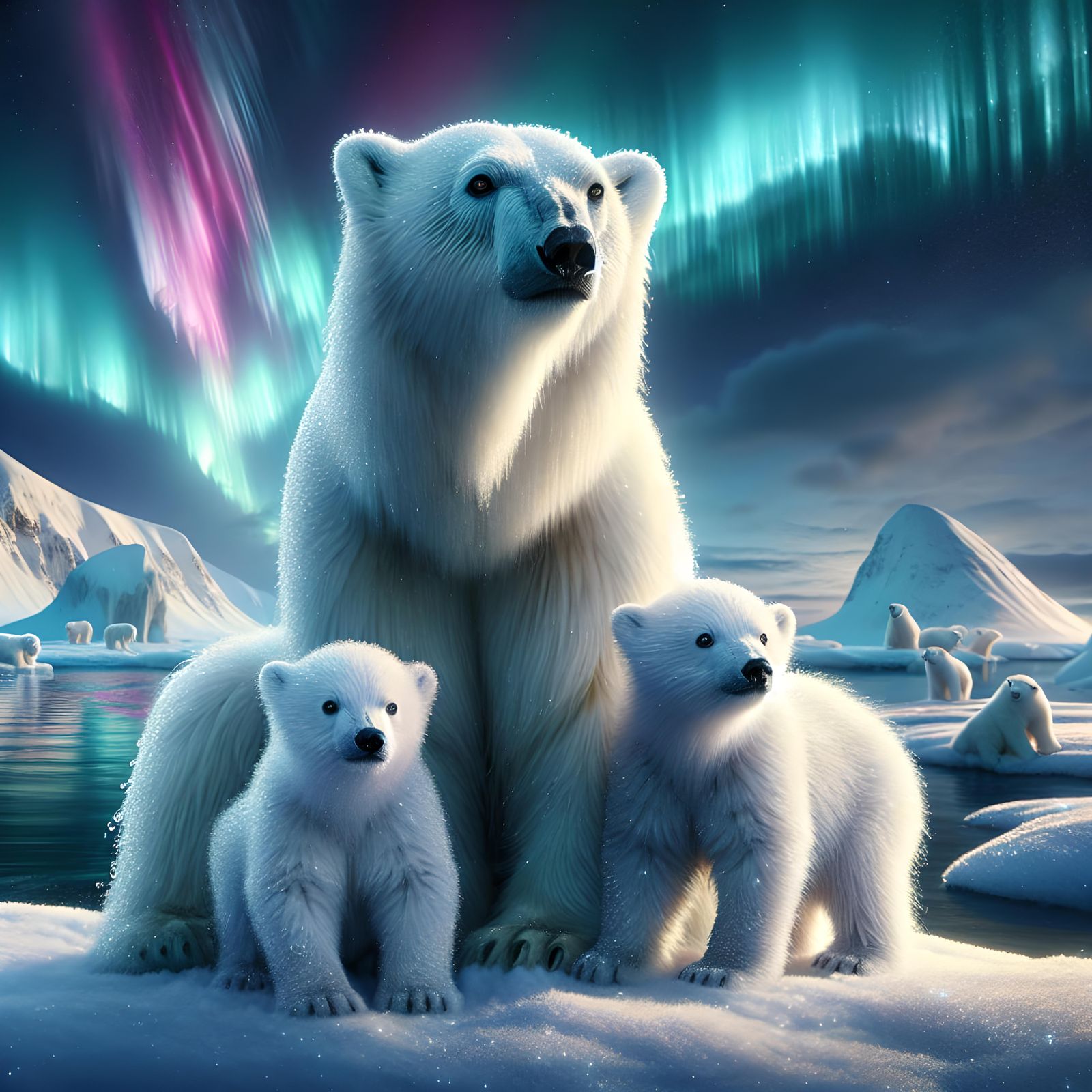 A portrait of a polar bear and it's two cubs in the arctic, watery eyes, snowy mountains, beautiful colorful northern li...