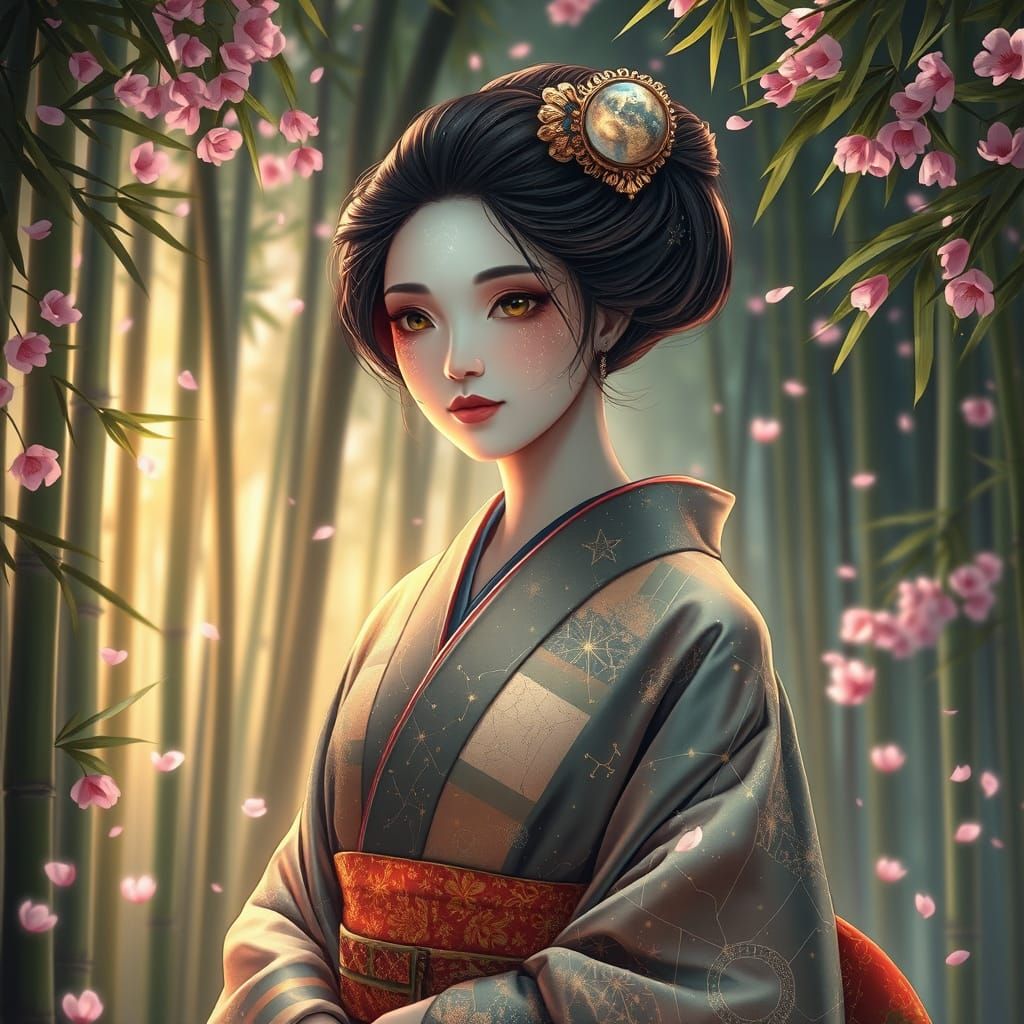 Celestial Geisha in Dreamy Bamboo Garden with Glittering Con...