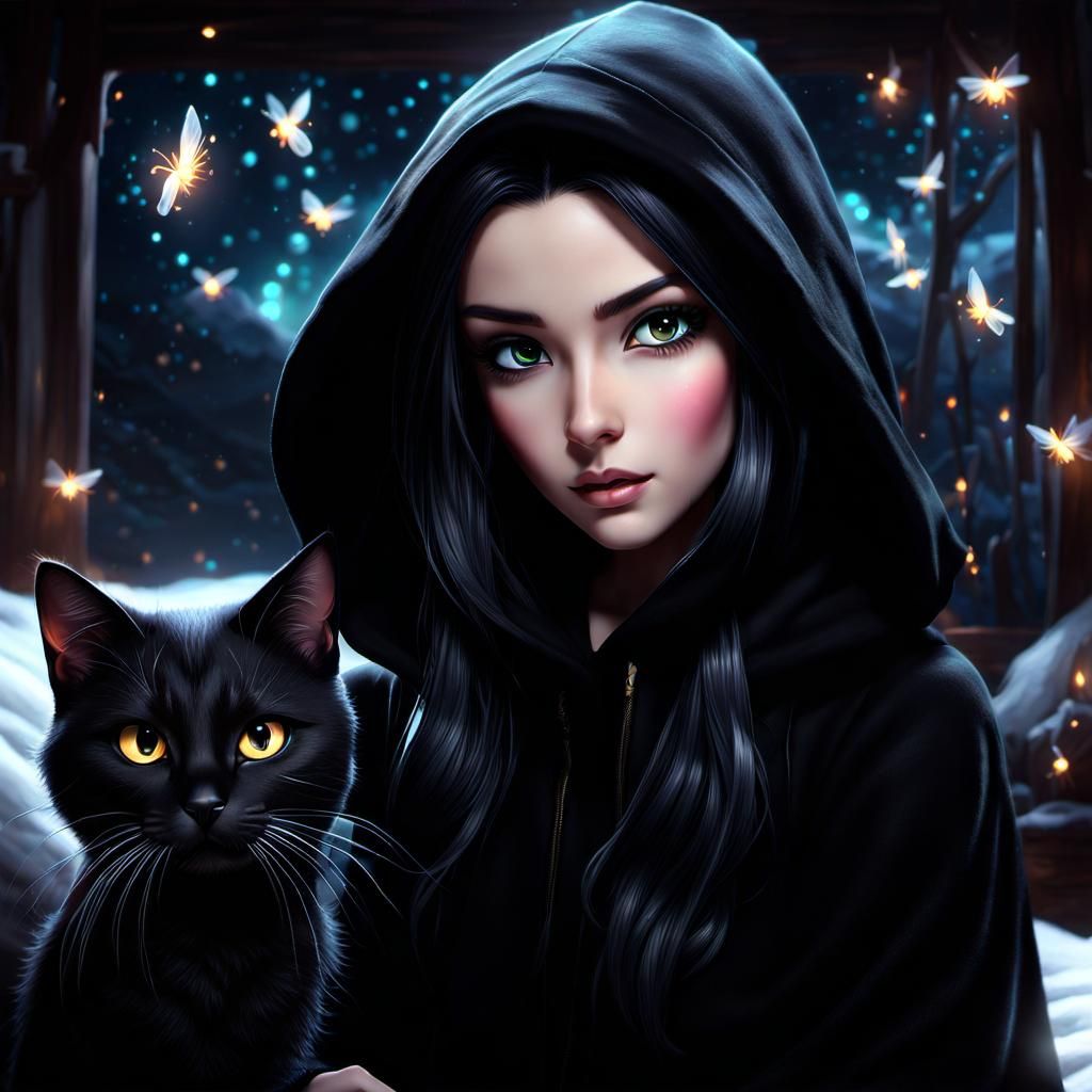 Fierce Chibi Witch with Black Cat Digital Painting