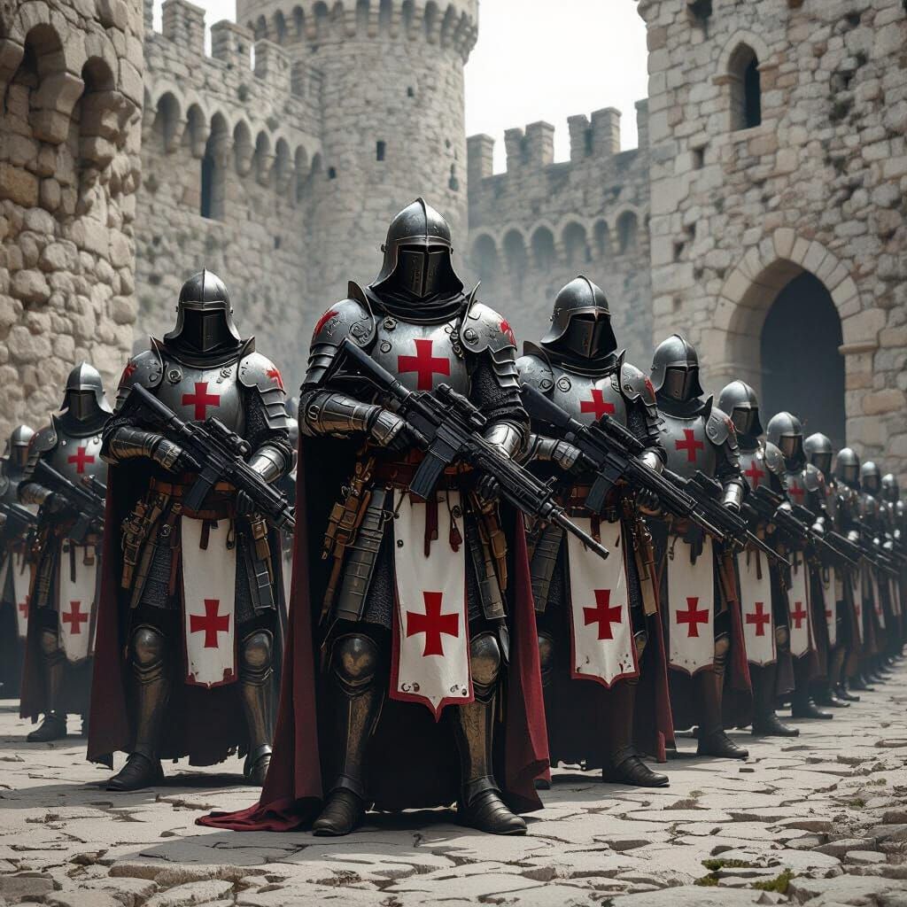 Knights Templar with Modern Gear in Castle Courtyard