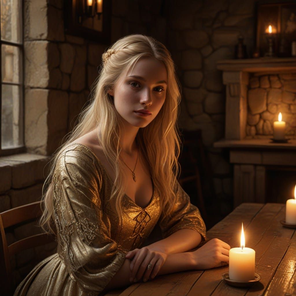Medieval Woman in Gold Gown in Tavern - Oil Painting