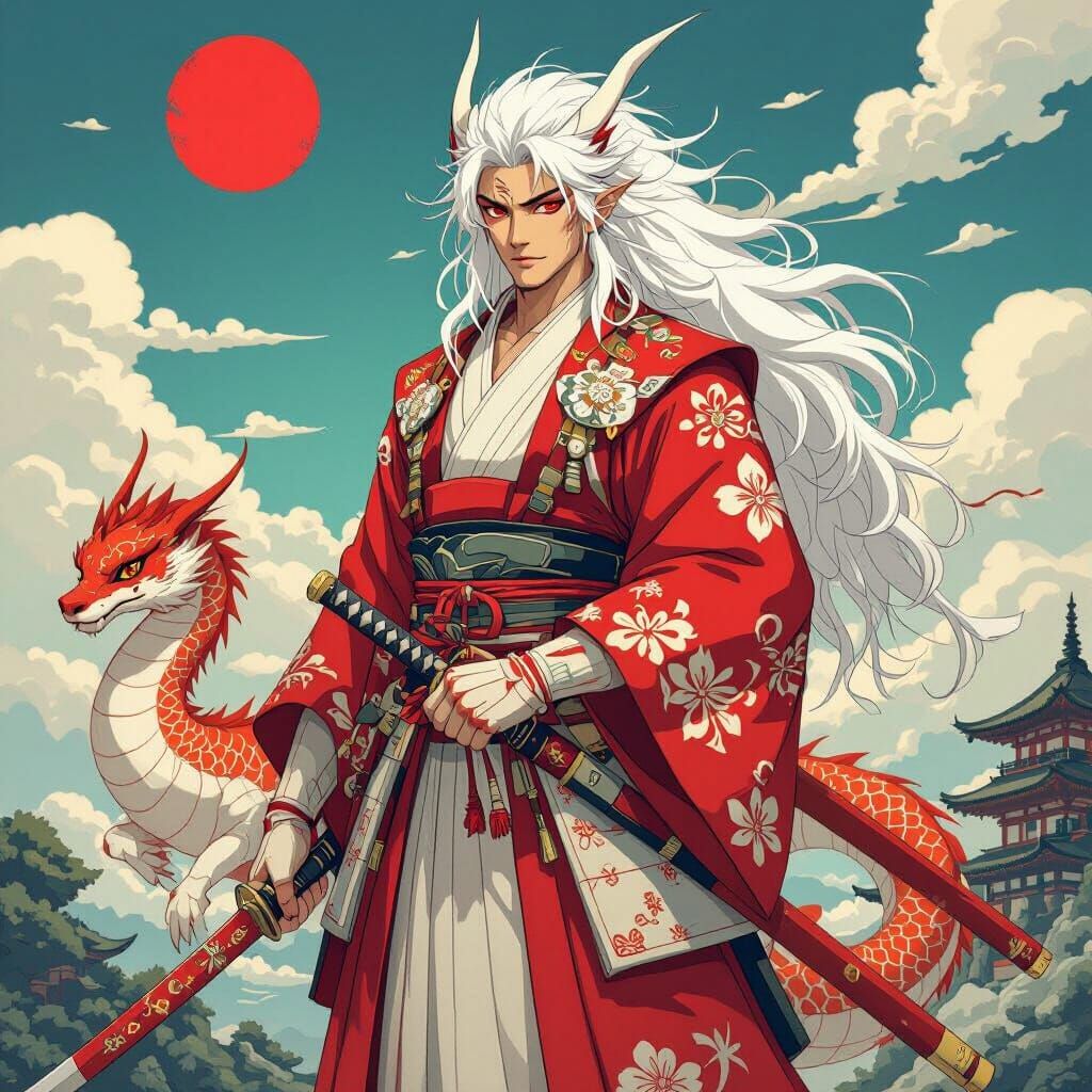 Anime Samurai Warrior with Dragon Companion in Fantasy Style