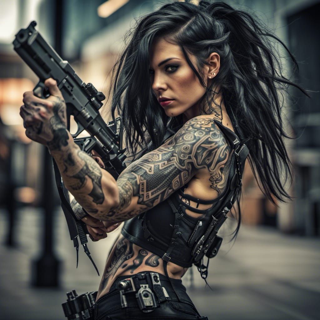 Cyberpunk Warrior Woman in Action, Hyperrealistic HDR