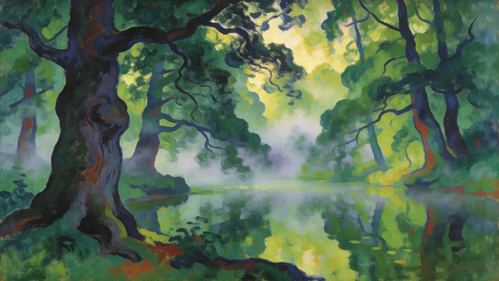 Misty Emerald Forest Landscape at Dawn