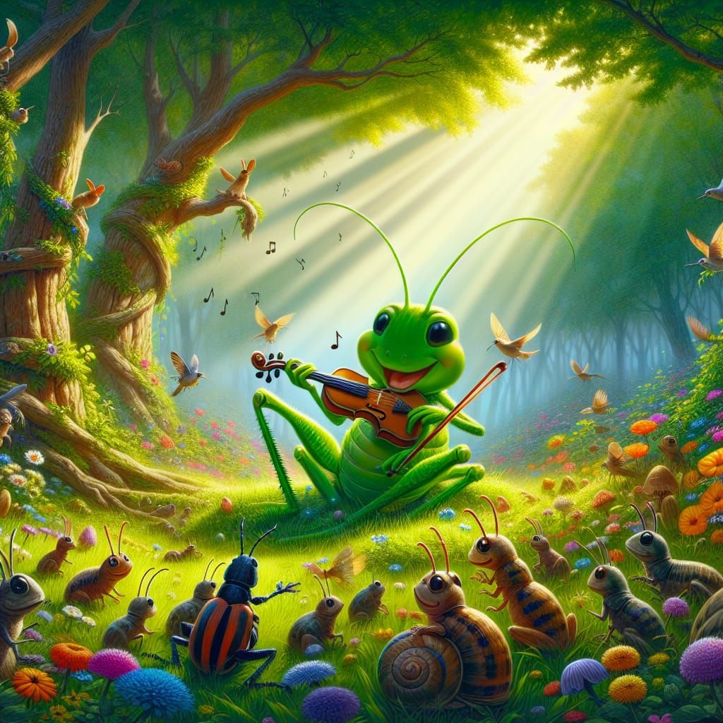 Cartoon Grasshopper Concert in Forest Clearing